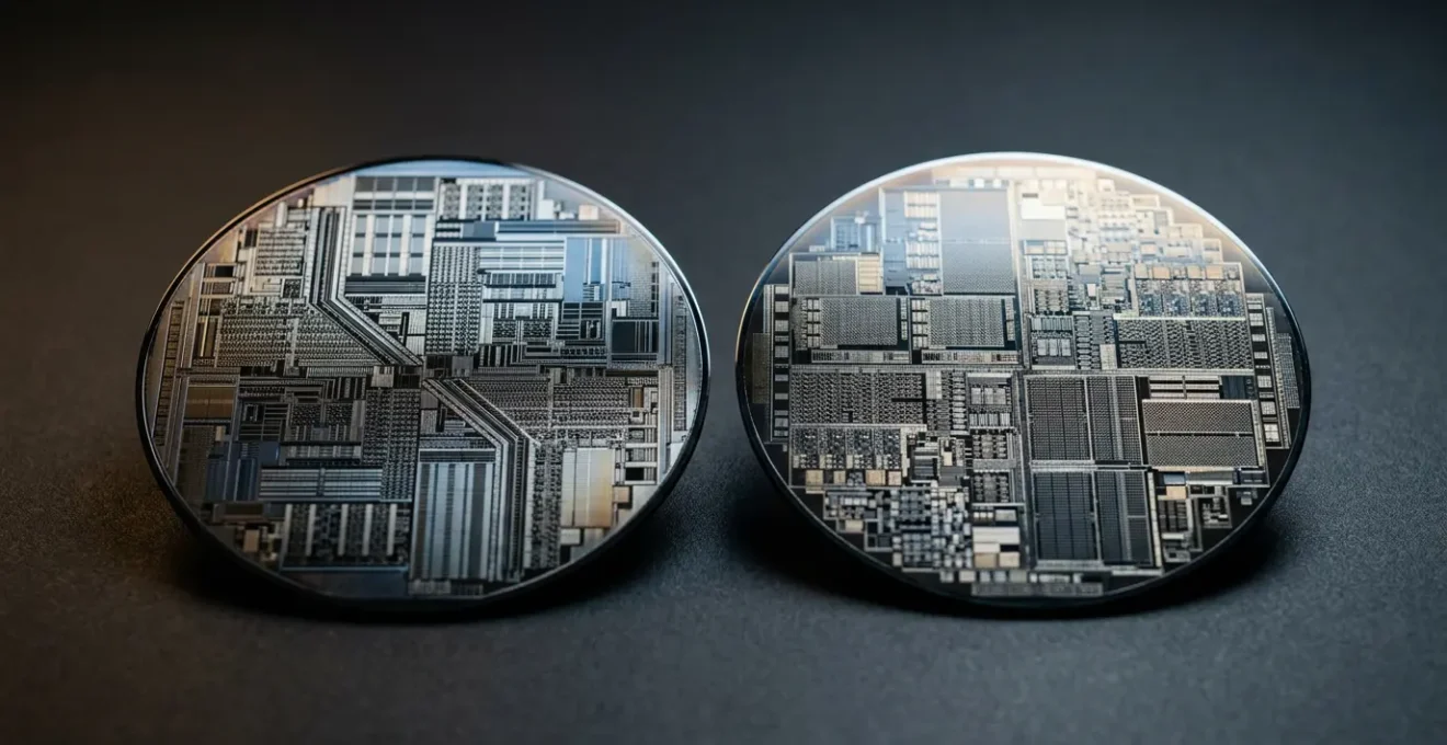 Close-up comparison of smartphone chipsets showing three-year performance degradation through natural wear indicators