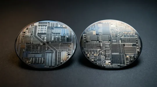 Close-up comparison of smartphone chipsets showing three-year performance degradation through natural wear indicators