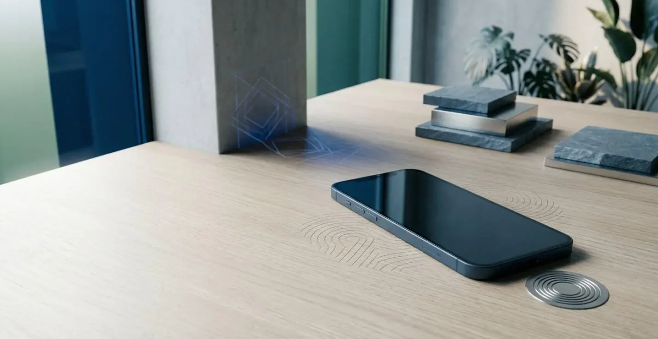 Professional workspace showcasing secure phone authentication concept with abstract security elements