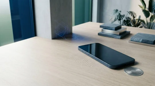 Professional workspace showcasing secure phone authentication concept with abstract security elements