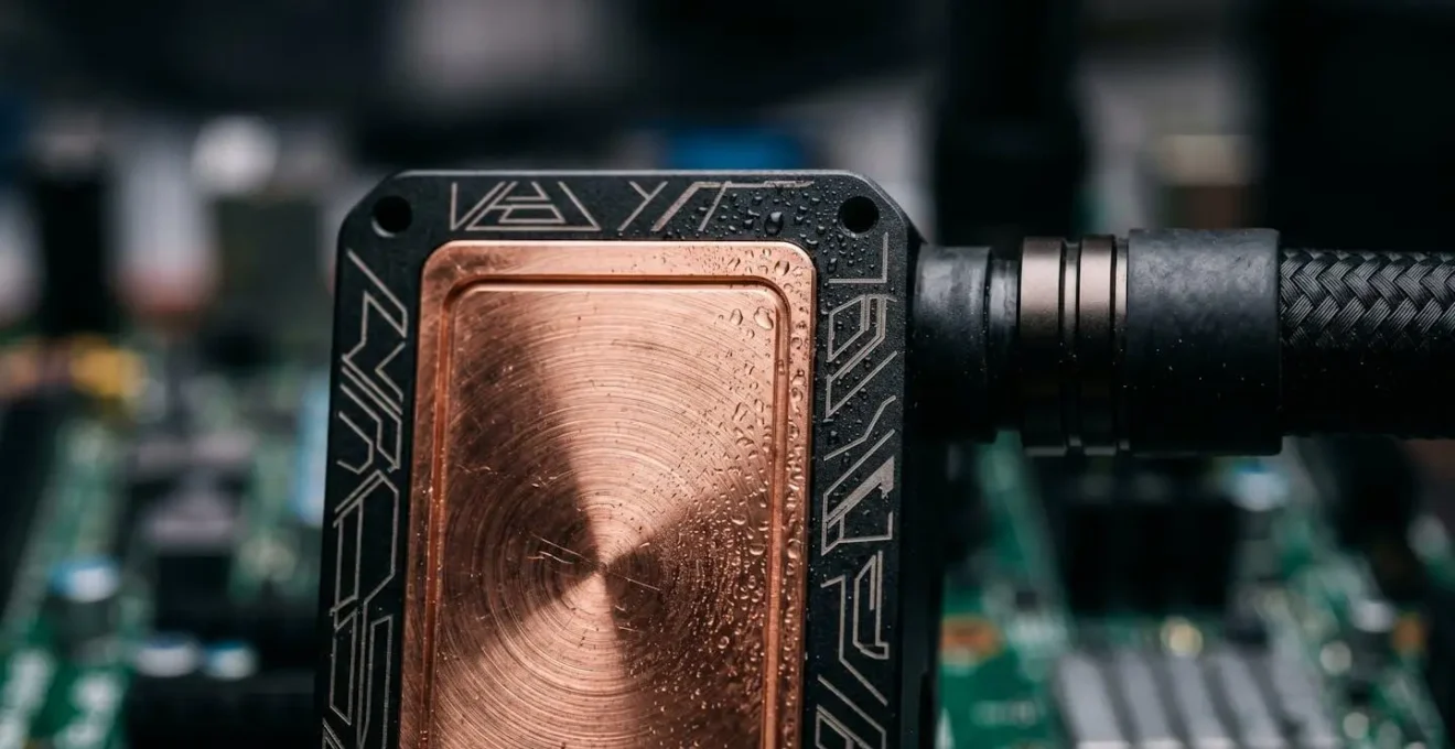 Extreme close-up of AIO pump block showing mechanical bearing detail and tube connection with condensation indicating thermal stress