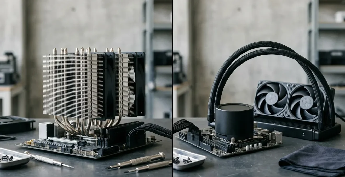 Professional comparison of tower air cooler and AIO liquid cooling system highlighting long-term maintenance differences