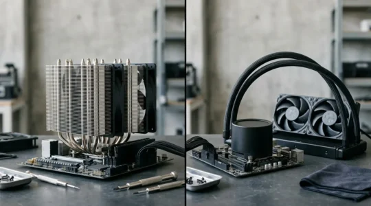Professional comparison of tower air cooler and AIO liquid cooling system highlighting long-term maintenance differences