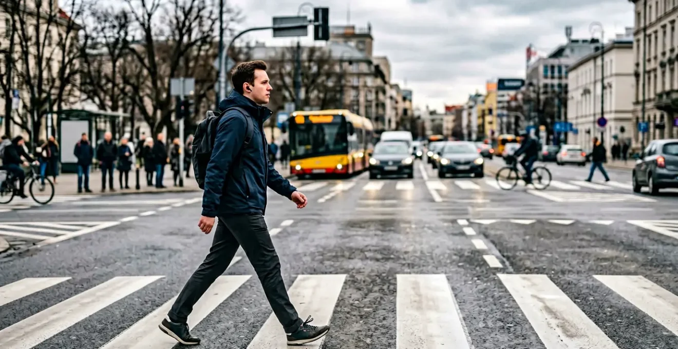 Person navigating urban traffic environment with audio awareness balance concept
