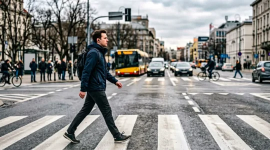 Person navigating urban traffic environment with audio awareness balance concept