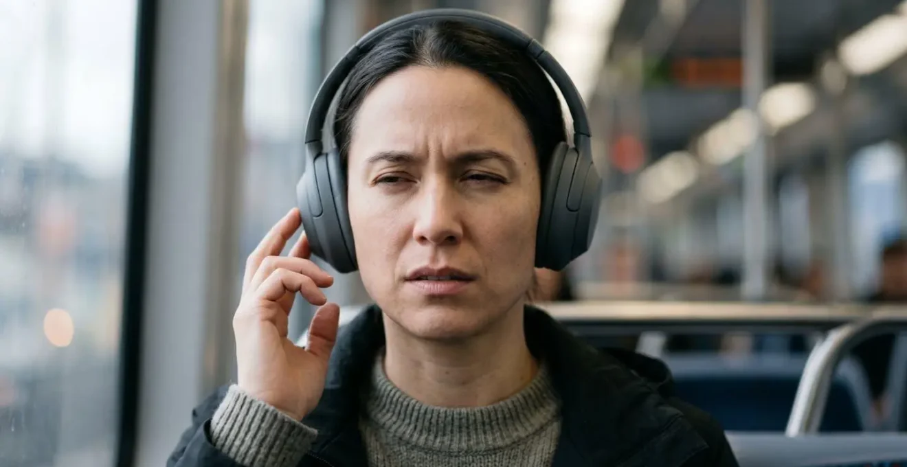Portrait of commuter showing subtle signs of auditory fatigue and cognitive strain from prolonged ANC exposure