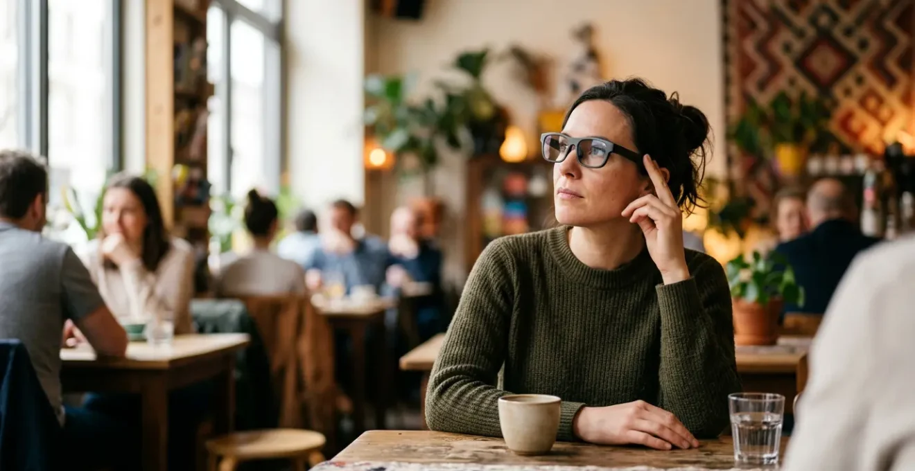 Person wearing augmented reality glasses in public setting balancing digital utility with social interaction