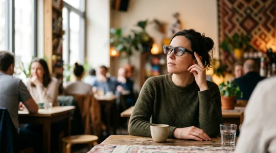 Person wearing augmented reality glasses in public setting balancing digital utility with social interaction