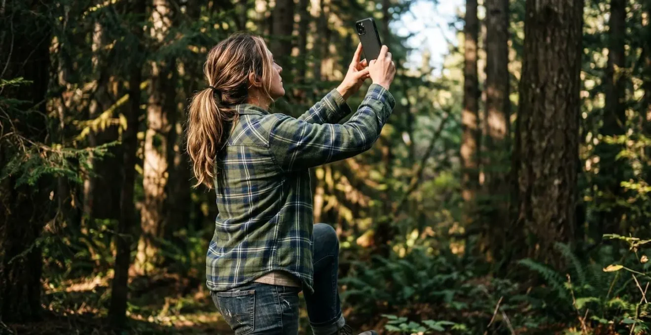 Person using smartphone AR technology to survey optimal satellite dish placement in densely forested rural property