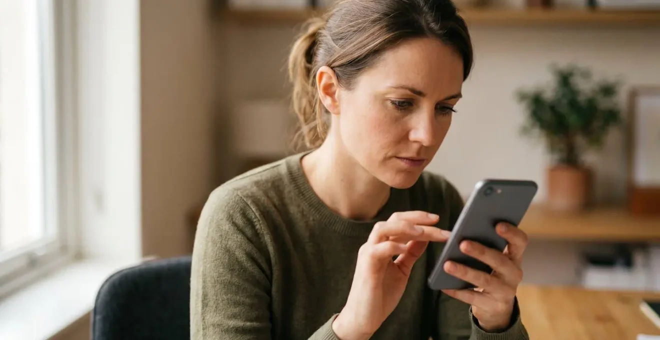 Close portrait of focused individual examining device screen with careful scrutiny showing security awareness