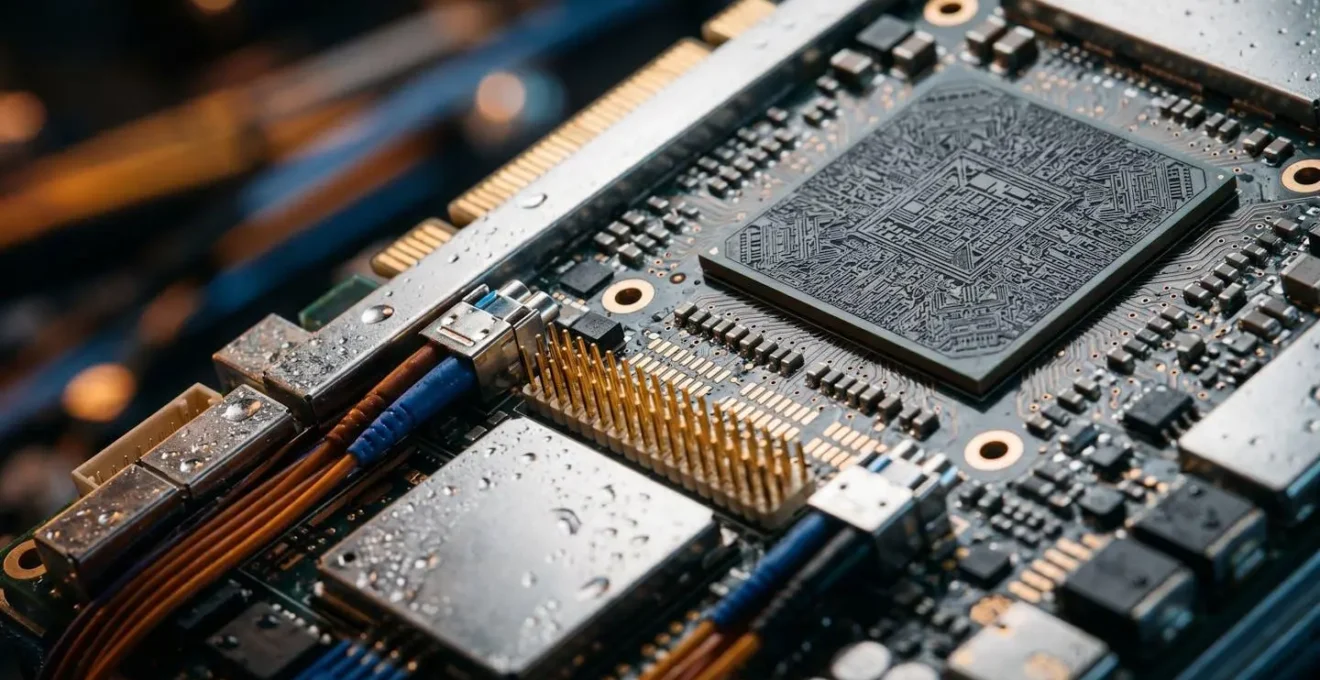 Macro close-up of autonomous vehicle sensor data recording module with intricate circuit details and fiber optic connections