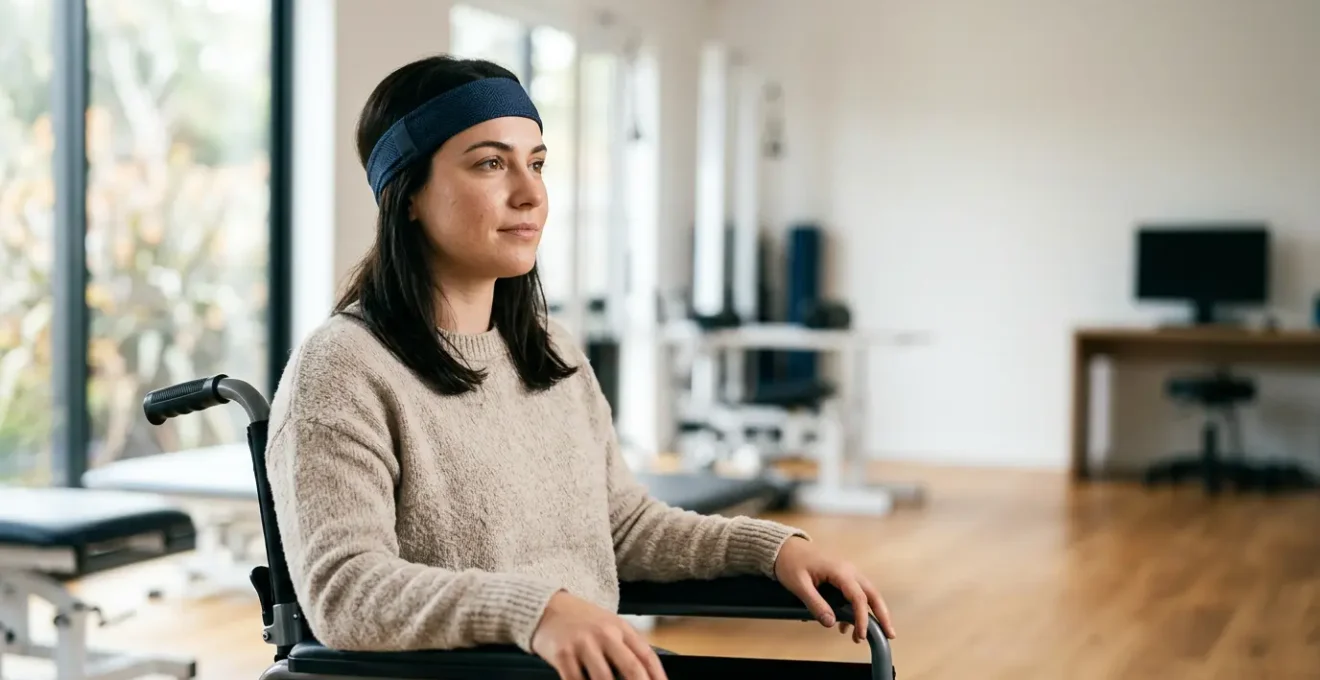 Paralyzed person using futuristic brain-computer interface technology in modern assistive environment