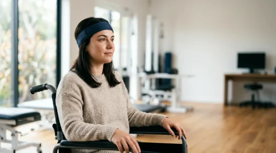 Paralyzed person using futuristic brain-computer interface technology in modern assistive environment