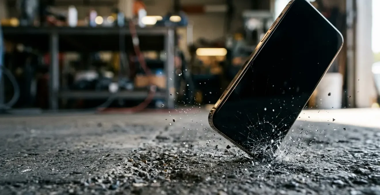 Close-up of smartphone screen materials undergoing drop impact testing on concrete surface