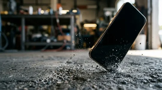 Close-up of smartphone screen materials undergoing drop impact testing on concrete surface
