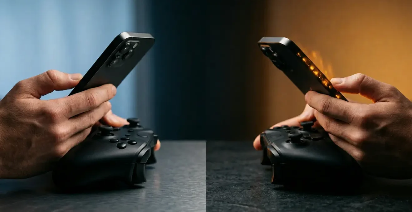 Side-by-side comparison visualization of mobile gaming strategies with battery life elements