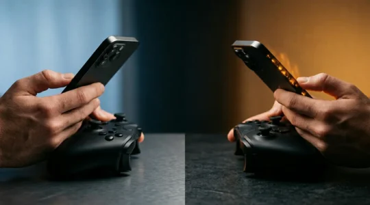 Side-by-side comparison visualization of mobile gaming strategies with battery life elements