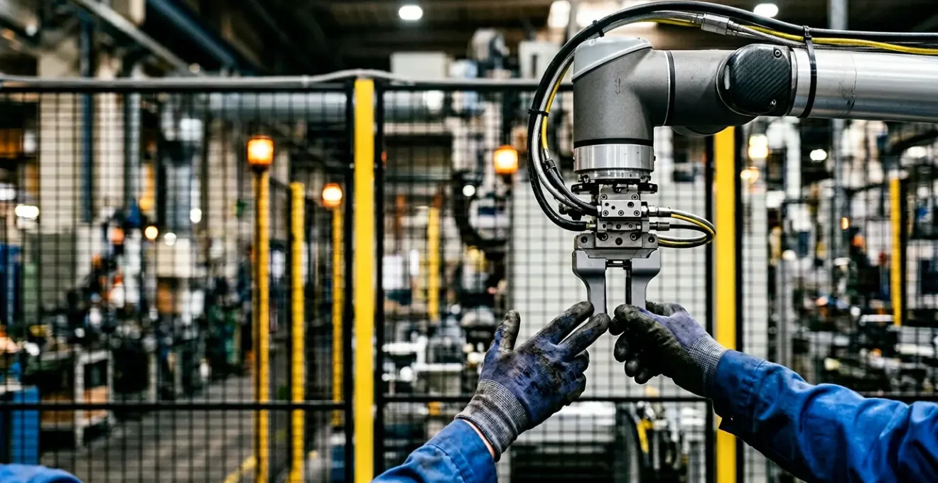 Industrial workspace showing collaborative robot working alongside human operator with visible safety features and sensors