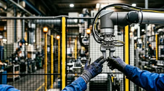 Industrial workspace showing collaborative robot working alongside human operator with visible safety features and sensors