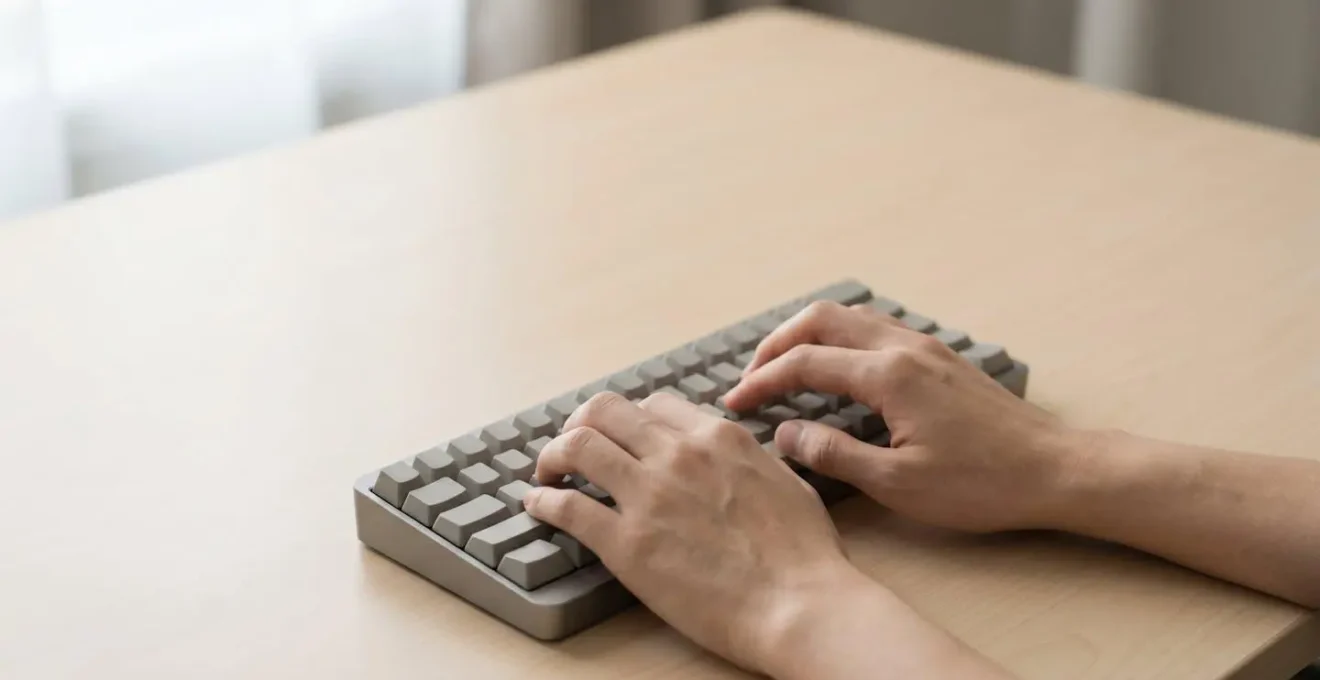 Wide-angle environmental shot of hands positioned on 60-percent keyboard showing finger reach and ergonomic posture