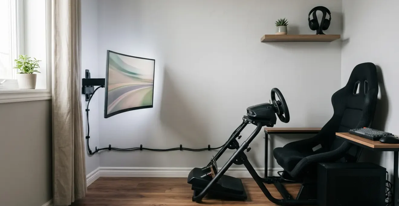 Compact sim racing cockpit setup in small dedicated gaming room with organized cable management and efficient space utilization