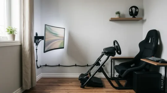 Compact sim racing cockpit setup in small dedicated gaming room with organized cable management and efficient space utilization