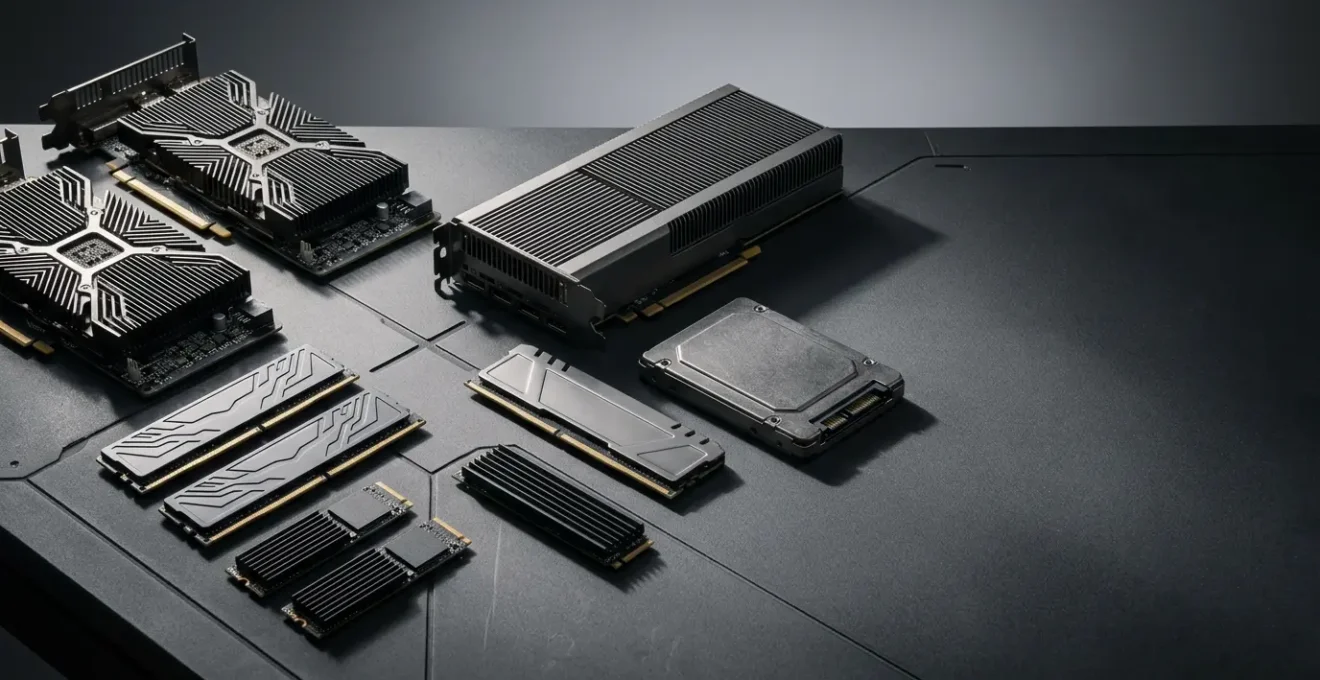 Data science workstation hardware components arranged on desk with GPU and RAM modules
