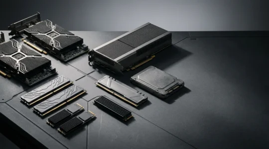 Data science workstation hardware components arranged on desk with GPU and RAM modules
