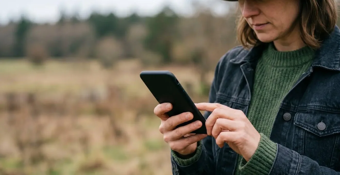 Close-up of hands using smartphone outdoors with signal strength indicators visible through environmental context rather than screen display
