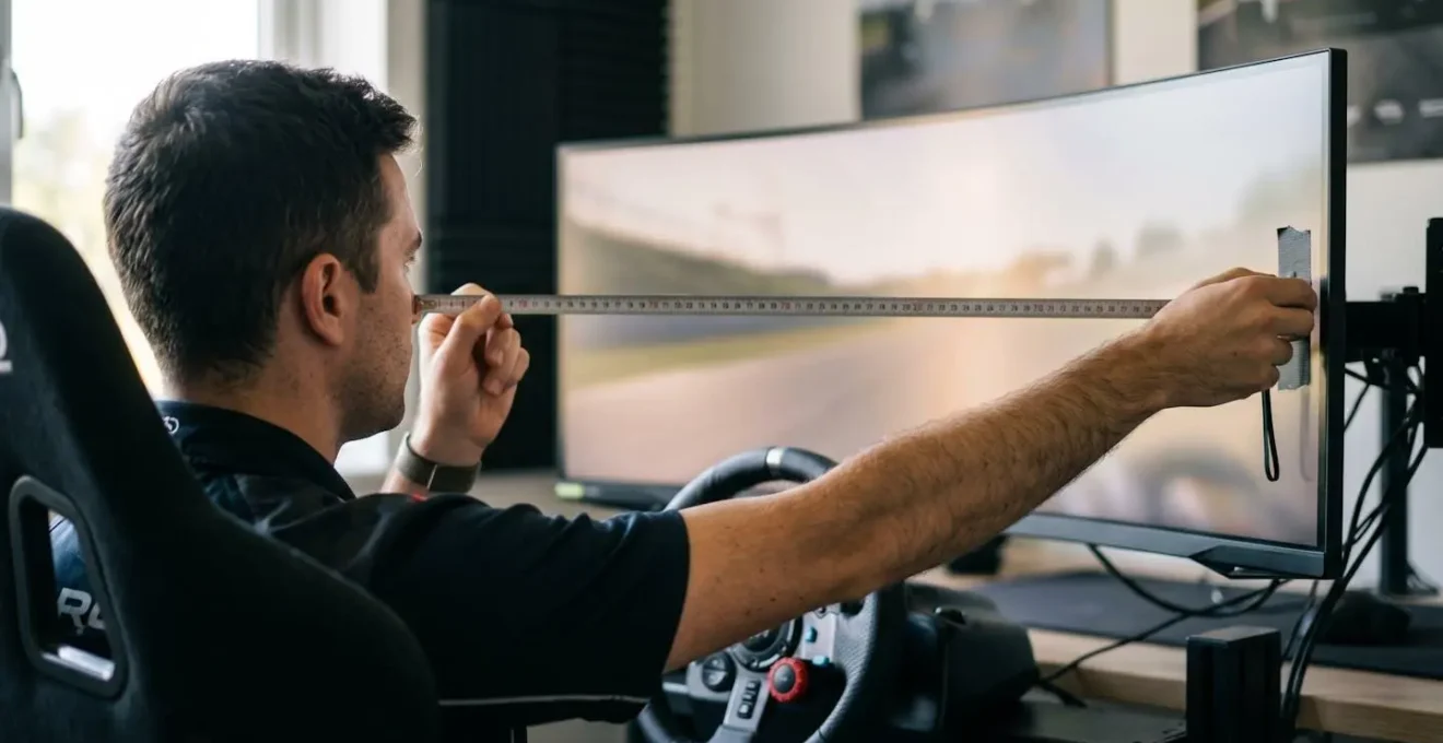 Demonstration of correct monitor distance measurement from eye level to screen center for optimal sim racing FOV
