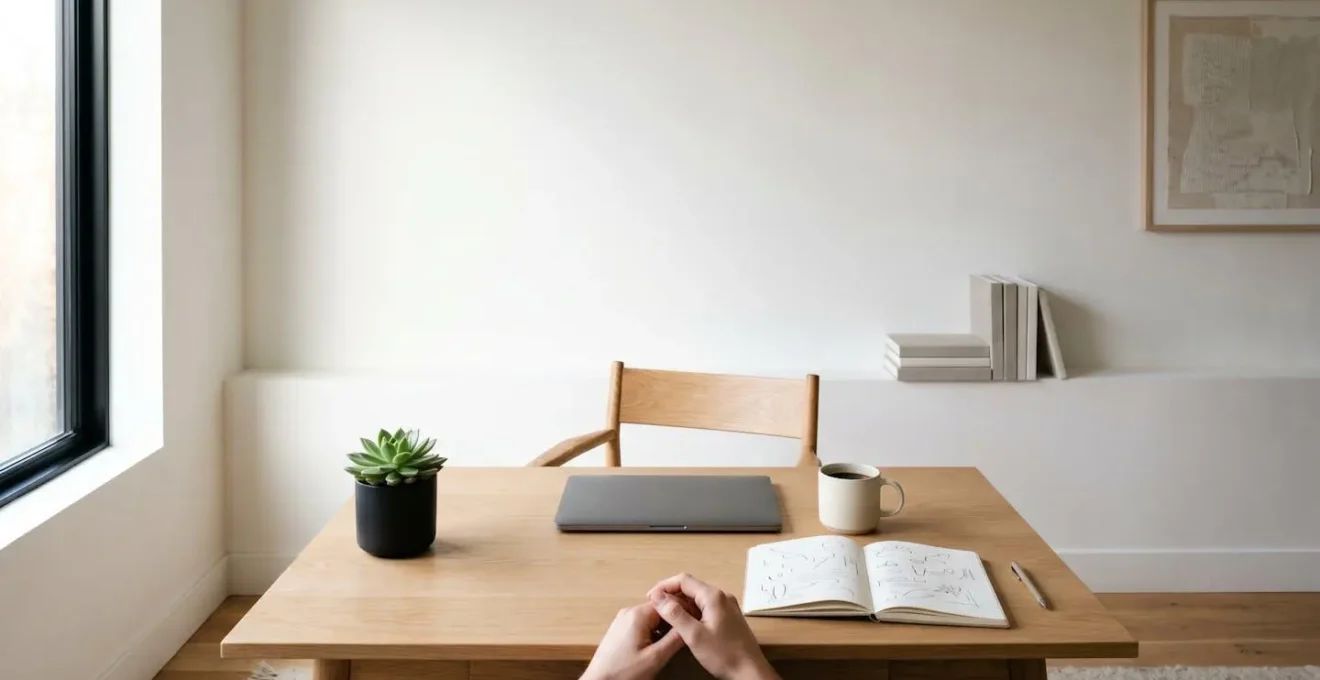 Minimalist workspace showing progressive learning journey with organized materials and natural lighting