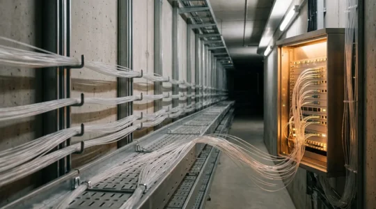 Fiber optic network infrastructure showing the contrast between clear fiber connection and congested node during peak evening hours