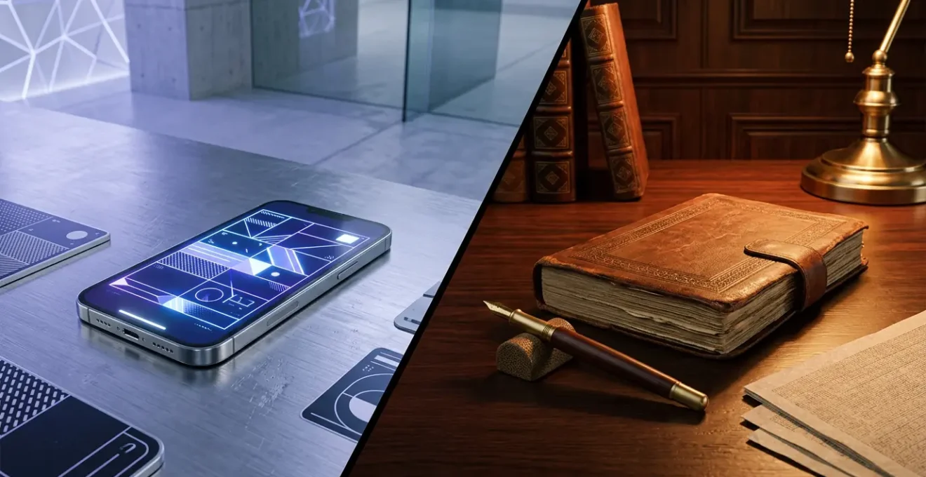 Professional comparison showcasing modern fintech app interface alongside traditional banking app, emphasizing financial technology and digital banking security