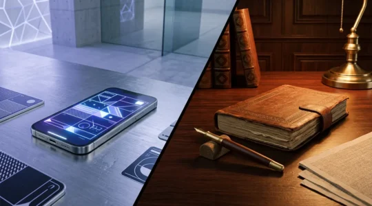 Professional comparison showcasing modern fintech app interface alongside traditional banking app, emphasizing financial technology and digital banking security