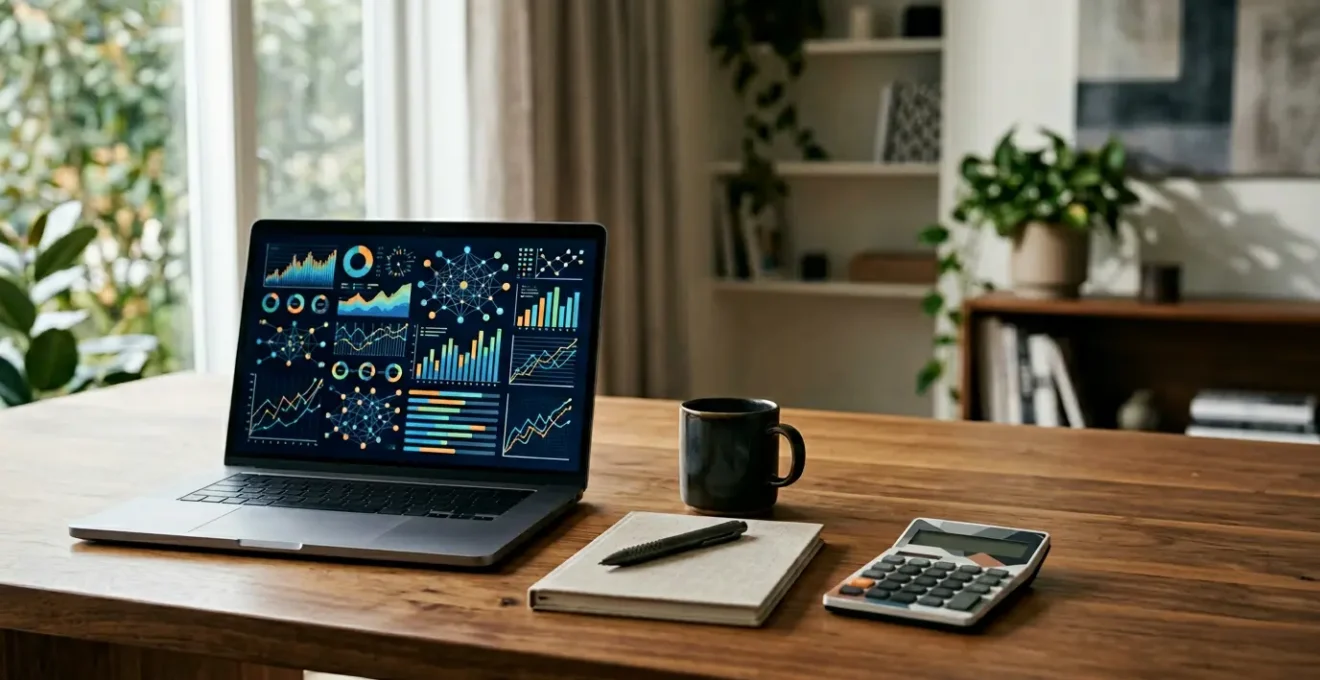 Freelancer analyzing software subscription costs and productivity tools on modern workspace setup
