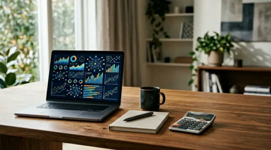 Freelancer analyzing software subscription costs and productivity tools on modern workspace setup