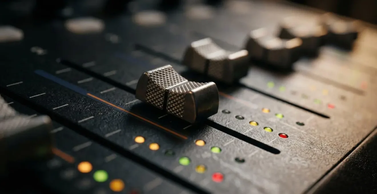 Close-up macro shot of audio equalizer frequency spectrum with tactile control surfaces and visual waveforms