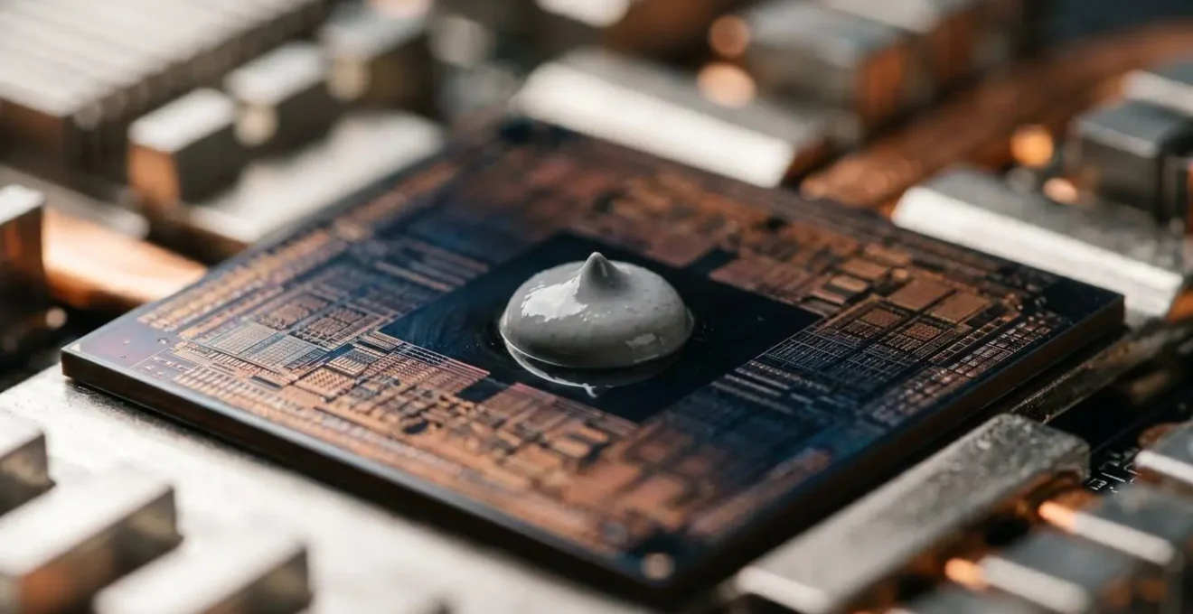 Extreme close-up photograph showing thermal paste application technique on GPU die surface with fine texture details
