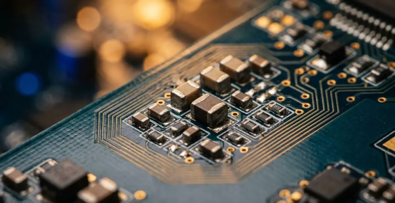 Extreme close-up of electronic protection circuitry representing UPS safeguard technology