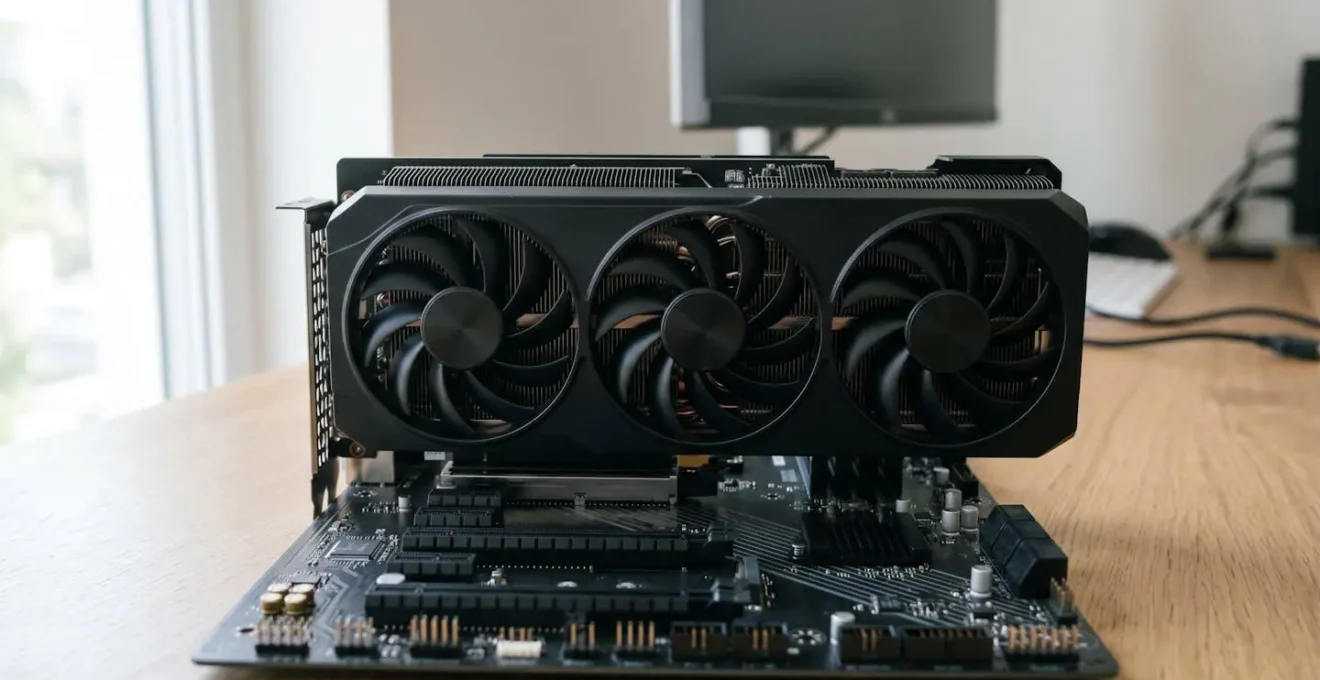 Environmental wide shot showing a heavy modern graphics card installed in motherboard PCIe slot with natural lighting revealing structural stress