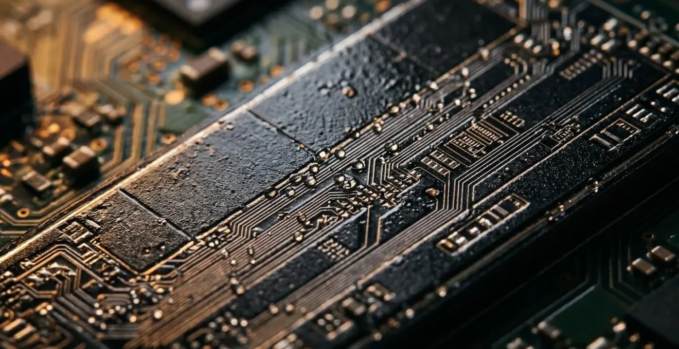 Macro photography of SSD memory chips with scattered game asset fragments showing storage access bottleneck