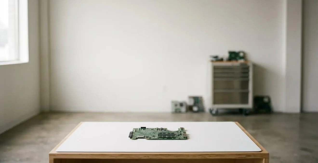 Environmental minimalist view of laptop motherboard with soldered memory chips in spacious tech repair workshop