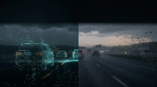 Split-scene comparison of autonomous vehicle sensor perception in heavy rain: Lidar point cloud visualization versus camera vision system