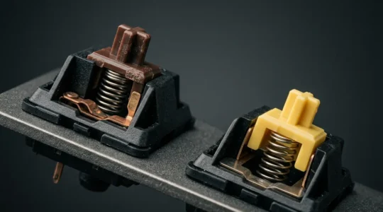 Close-up comparison of mechanical and membrane keyboard switches with ergonomic hand positioning