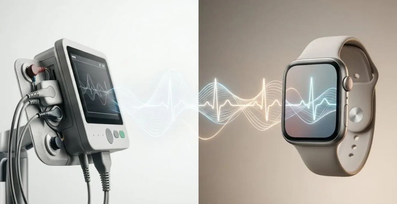 Professional comparison visualization showing medical-grade ECG monitoring device alongside consumer smartwatch with subtle accuracy indicators