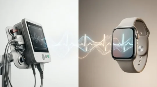Professional comparison visualization showing medical-grade ECG monitoring device alongside consumer smartwatch with subtle accuracy indicators