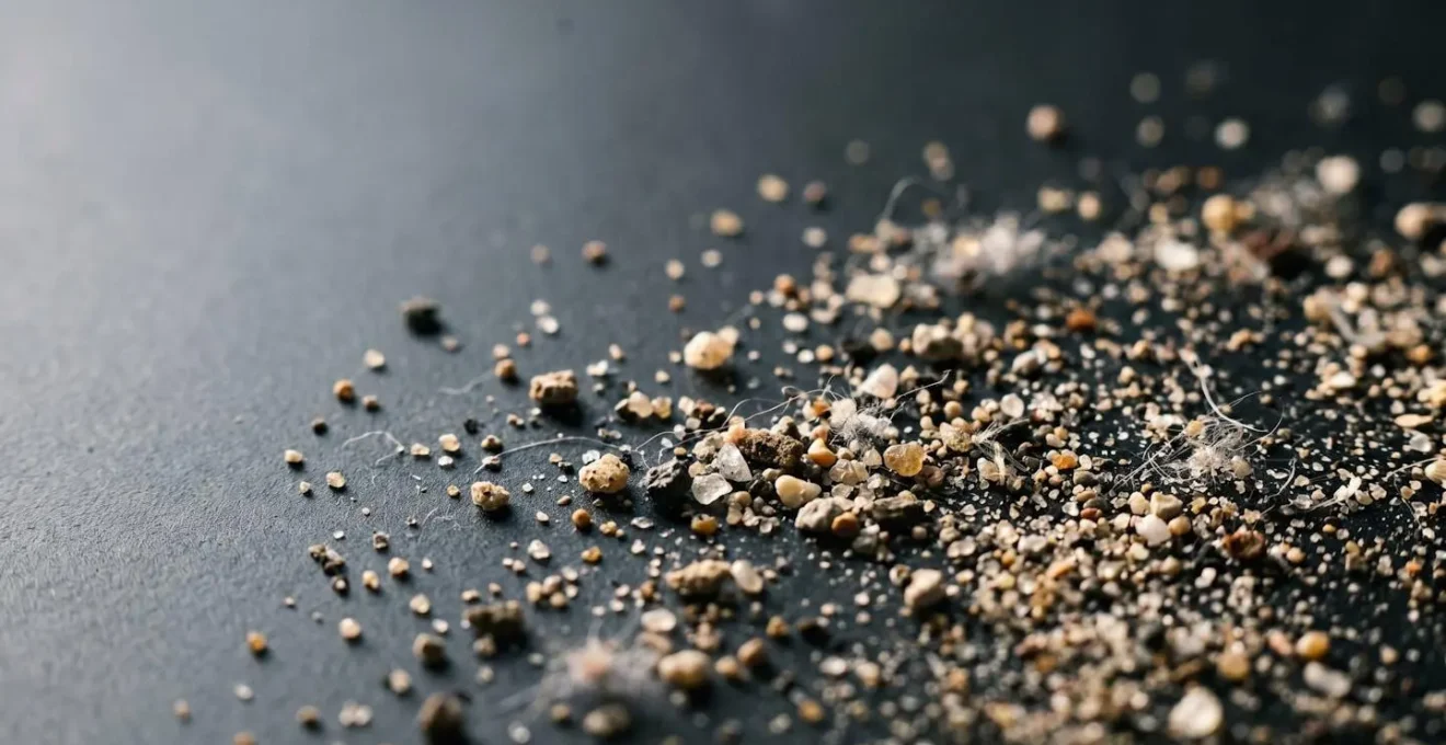 Macro photography showing fine dust particles and microscopic debris texture on a matte surface