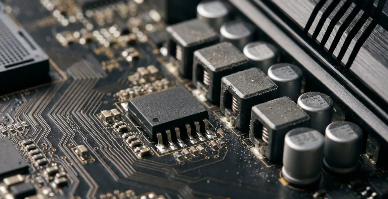 Close-up view of motherboard VRM components showing power delivery system and thermal management elements