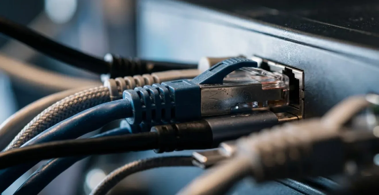 Extreme close-up macro detail of ethernet and cellular modem cables converging at router connection point symbolizing network bonding