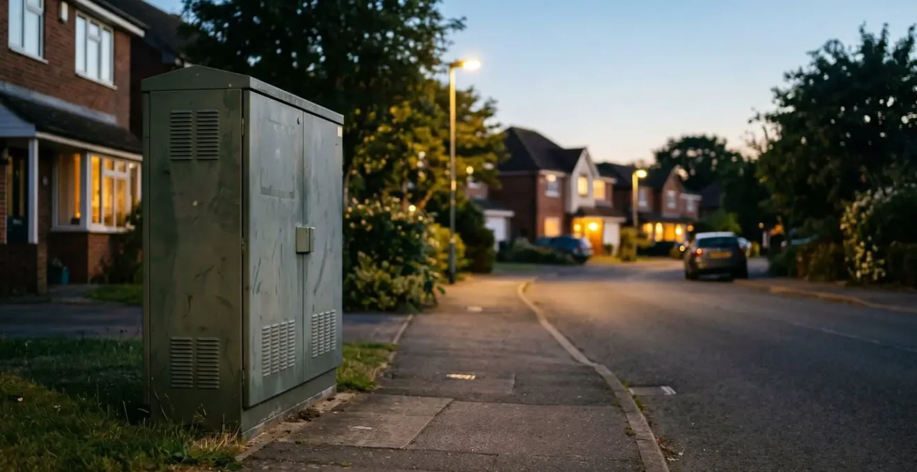 Street-level fiber network distribution cabinet during evening peak hours showing infrastructure that manages neighborhood internet traffic